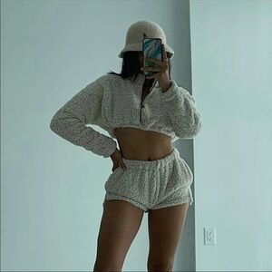 NWT White Cropped Two Piece Sherpa Lounge Set